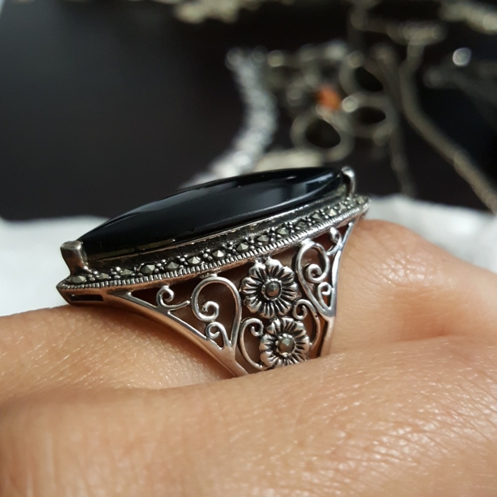 Large Statement Onyx 925 Silver Ring - image 2
